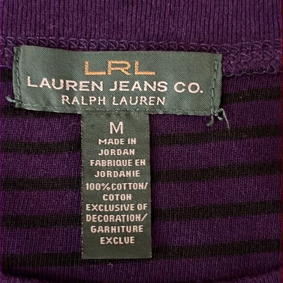 Lauren Ralph Lauren Jeans Co Striped Purple Top Tee Long Sleeves Zip shoulder - Picture 8 of 8